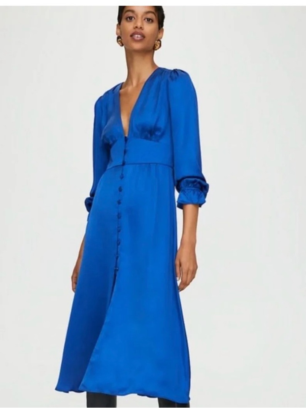 Wilfred Maxine Blue V-Neck Button-Front Midi Dress